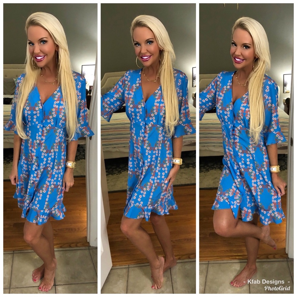 ❤️LAST 1! Blue Floral V Neck Ruffled Dress! - Picture 3 of 3